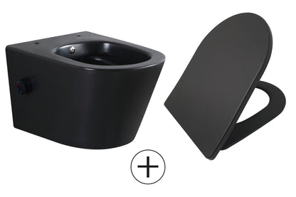 Vesta wandcloset rimless met bidetkraan warm koud water met Shade slim toiletzitting mat zwart