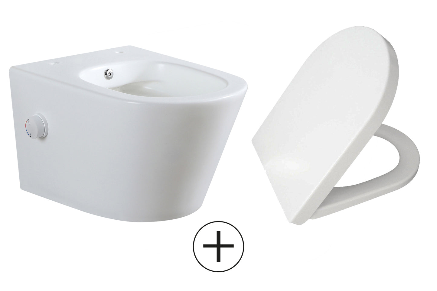 Vesta wandcloset rimless met bidetkraan warm koud water met Shade slim toiletzitting mat wit