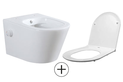 Vesta wandcloset rimless met bidetkraan warm koud water met Flatline toiletzitting glans wit