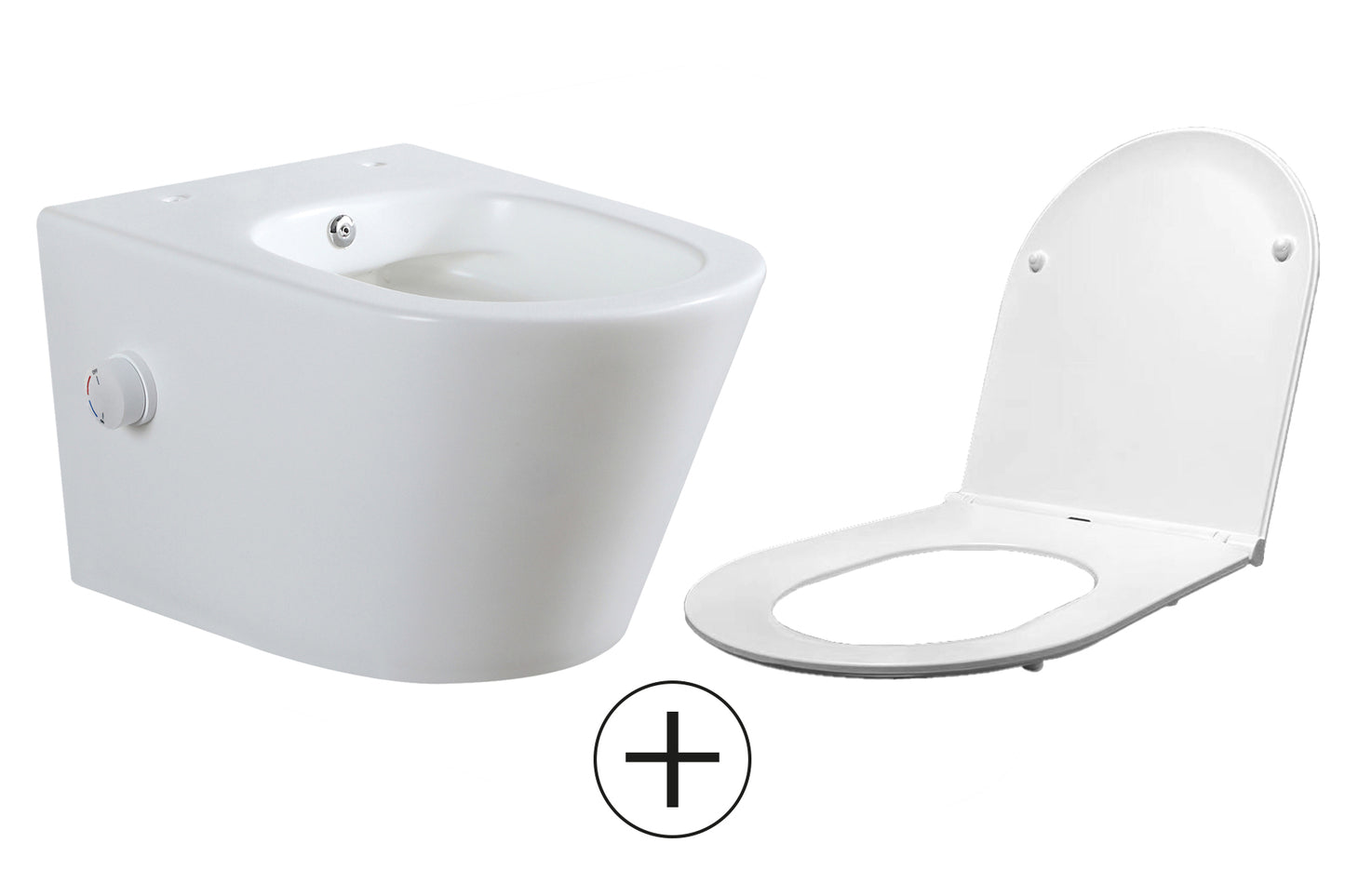 Vesta wandcloset rimless met bidetkraan warm koud water met Flatline toiletzitting mat wit