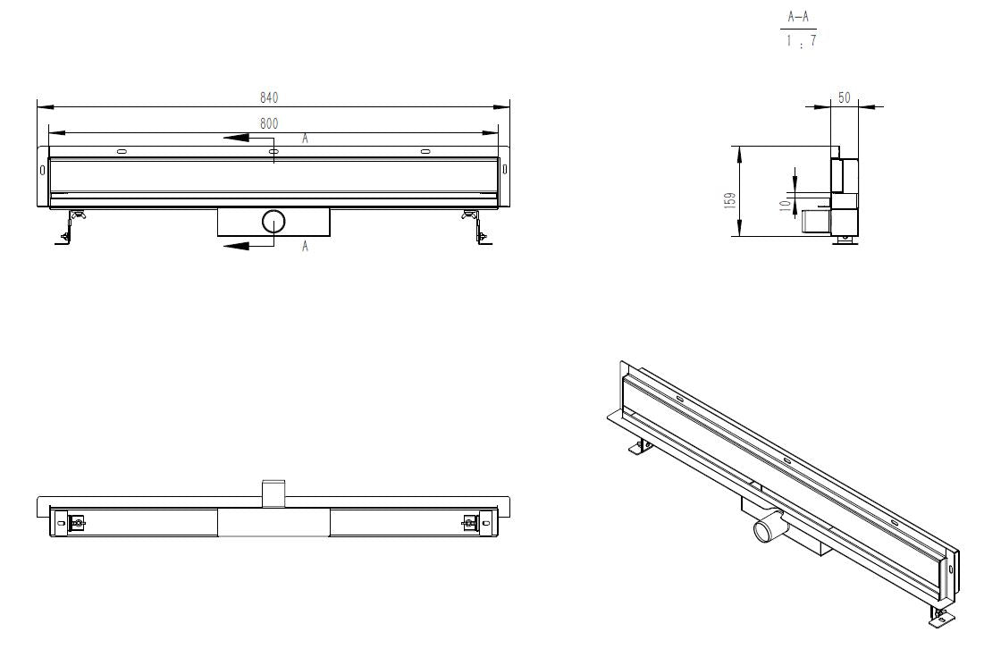 Dreen muur douchegoot 80 cm RVS