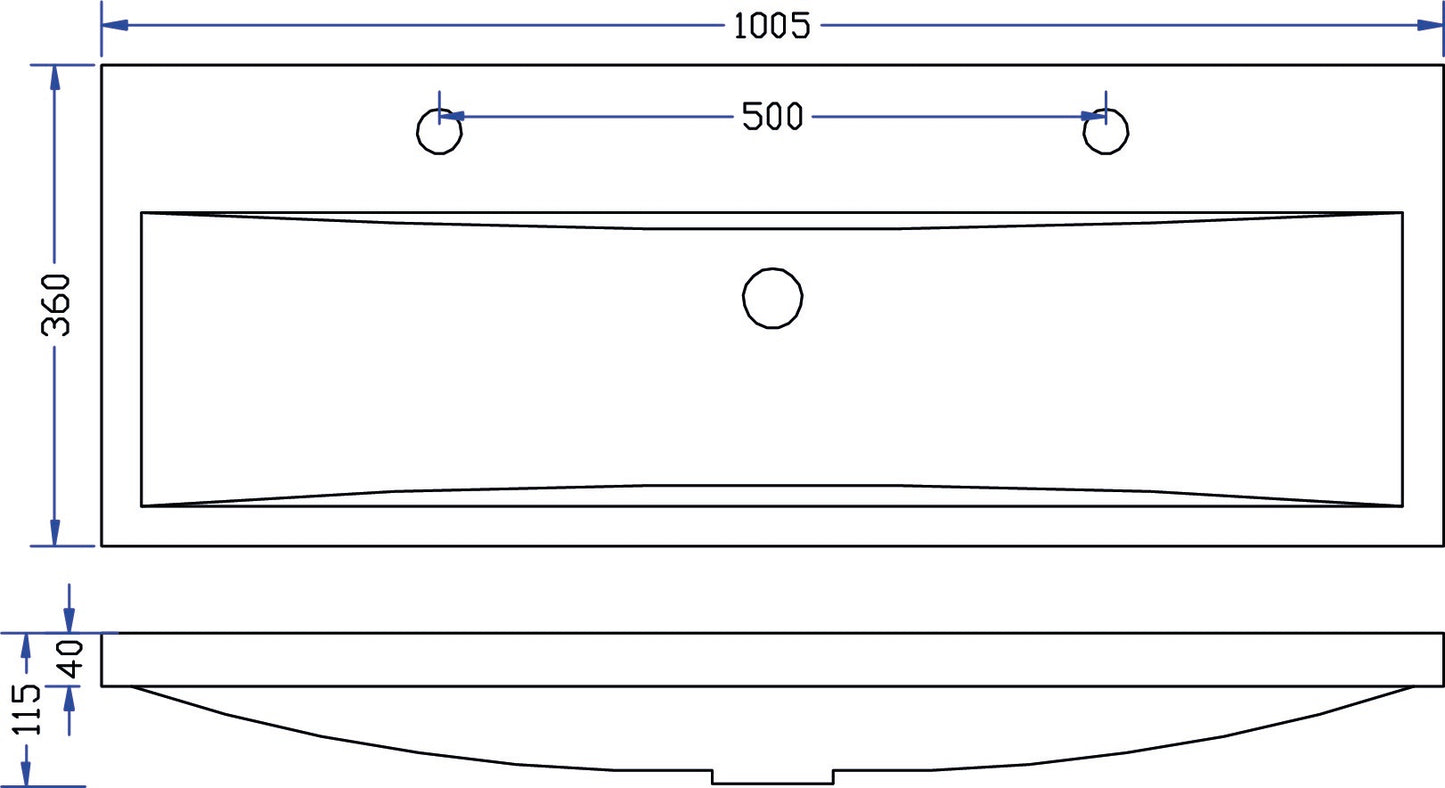 Wiesbaden wastafel 100cmx36cm twee kraangaten wit