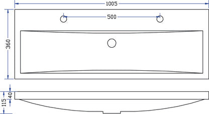 Wiesbaden wastafel 100cmx36cm twee kraangaten wit