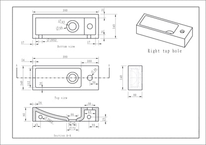 Wiesbaden Hardstenen smal fonteintje rechts 38x14x8