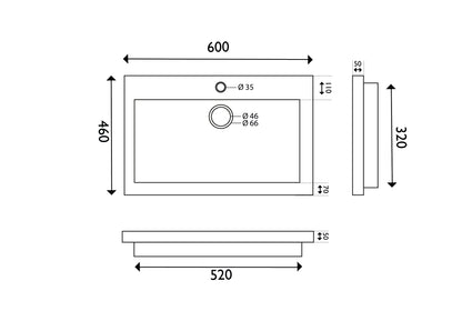 Wiesbaden hardstenen meubelwast. 60x46x5 met 1 kr.gat