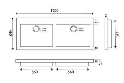 Wiesbaden hardstenen meubelwast. Dubbel 120x46x5 zo.kr.gat