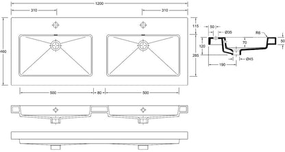 Wiesbaden keramische dub.meubelwastafel 120x46 2 kr.gaten