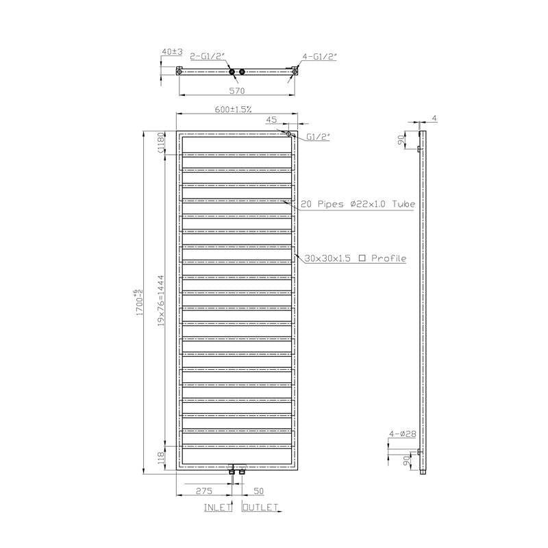 Radiator Bornova 170x60 cm antraciet