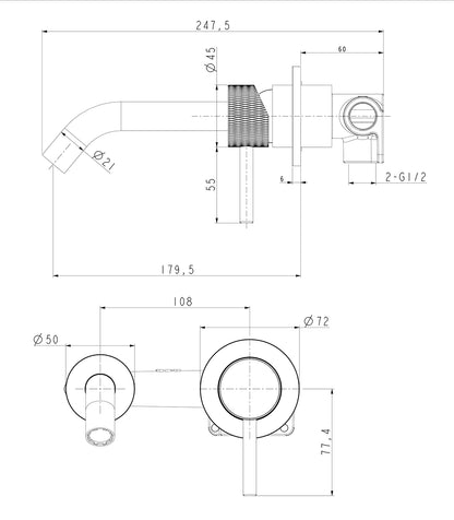 Ribbd inbouw-wastafelmengkraan eenhendel compleet mat zwart