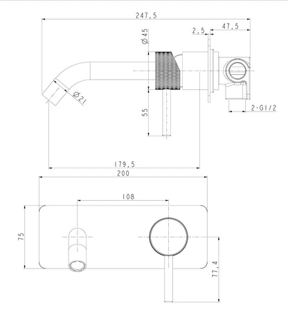 Ribbd inbouw-wastafelmengkraan eenhendel compleet mat zwart