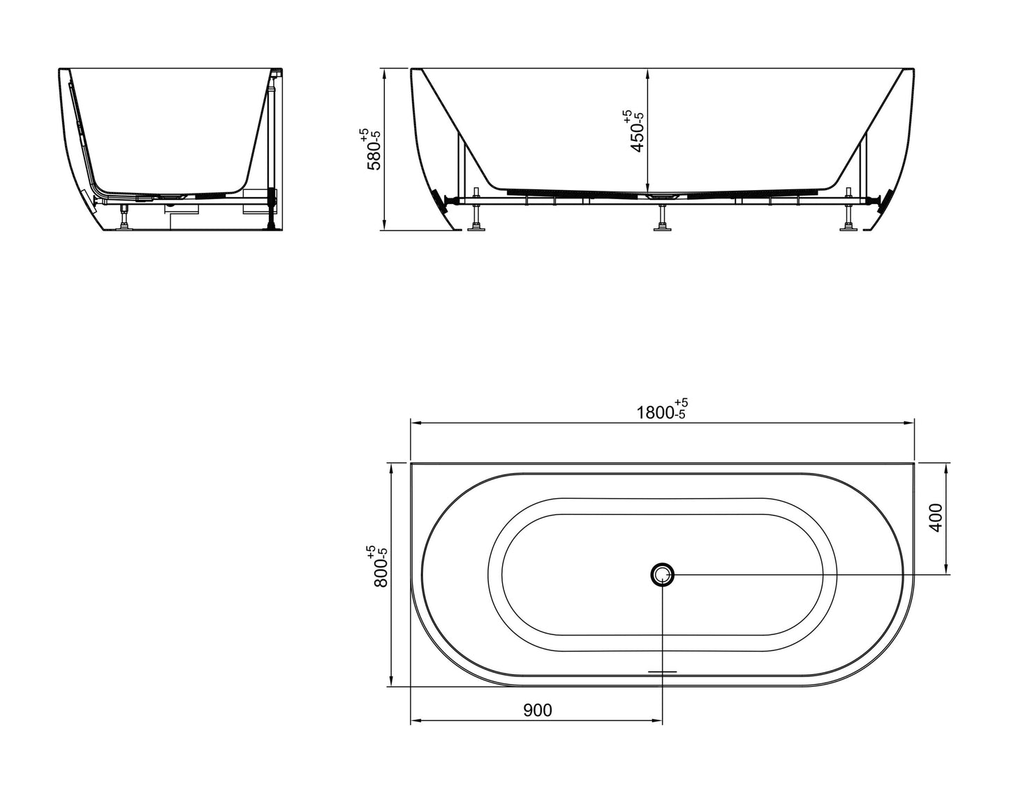 Wiesbaden Zenn half vrijstaand ligbad 180 x 80 cm acryl mat wit met waste glans wit