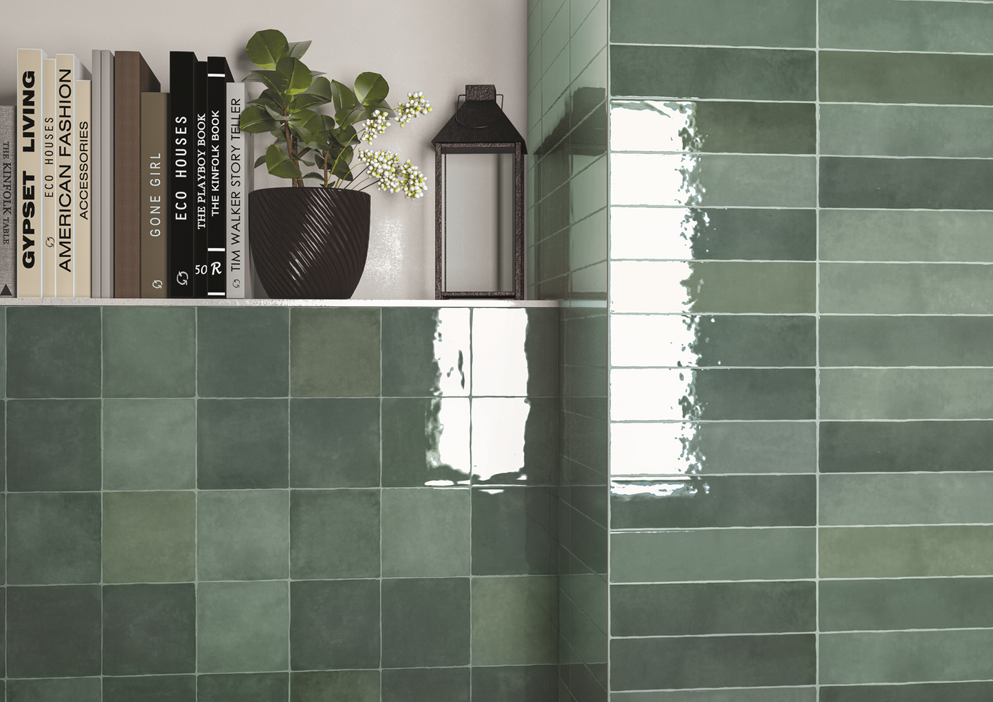 Wandtegel Moos Jade glans handvorm 6,5 x 26