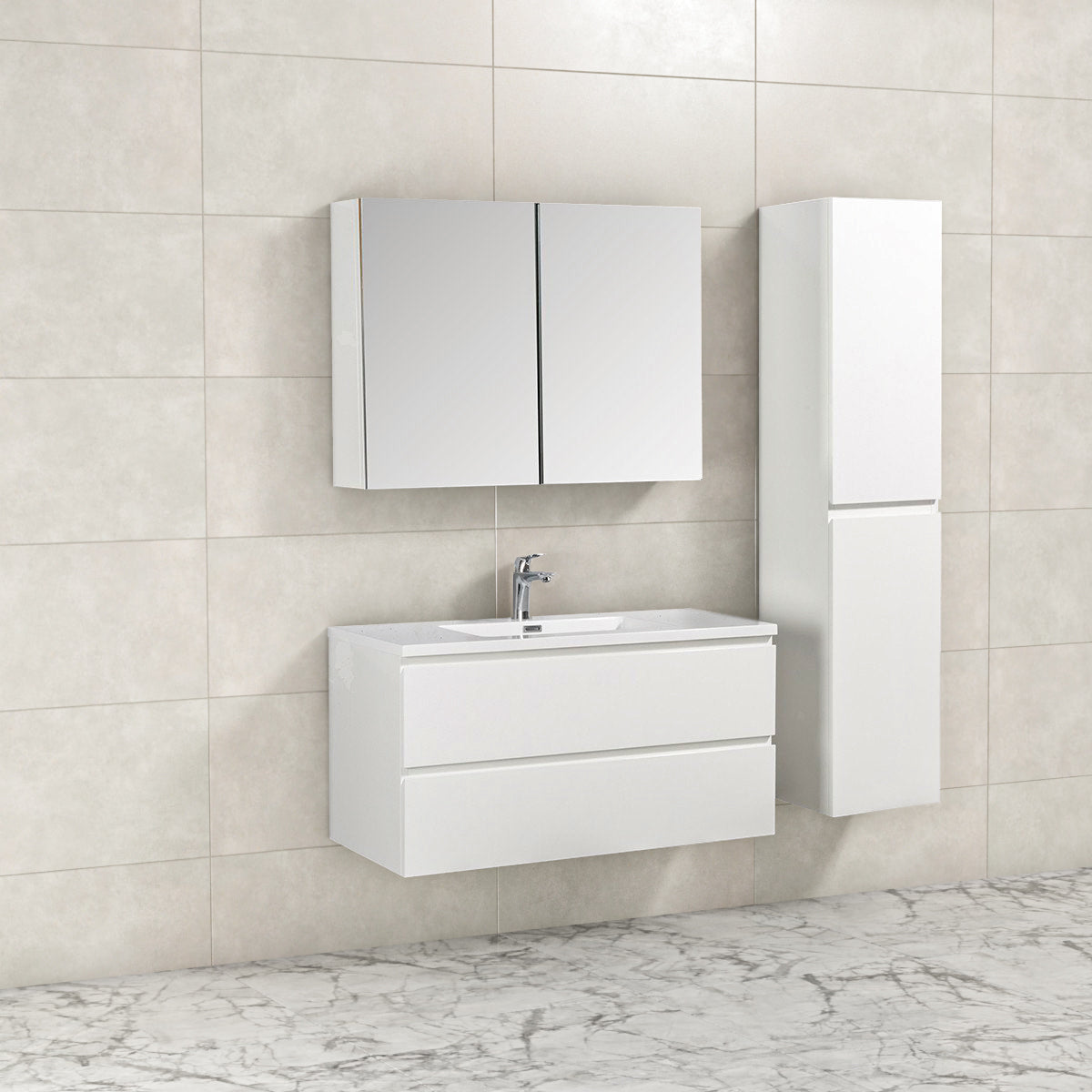 Badkamermeubel Tieme in hoogglans wit 100x50x48cm met witte wastafel