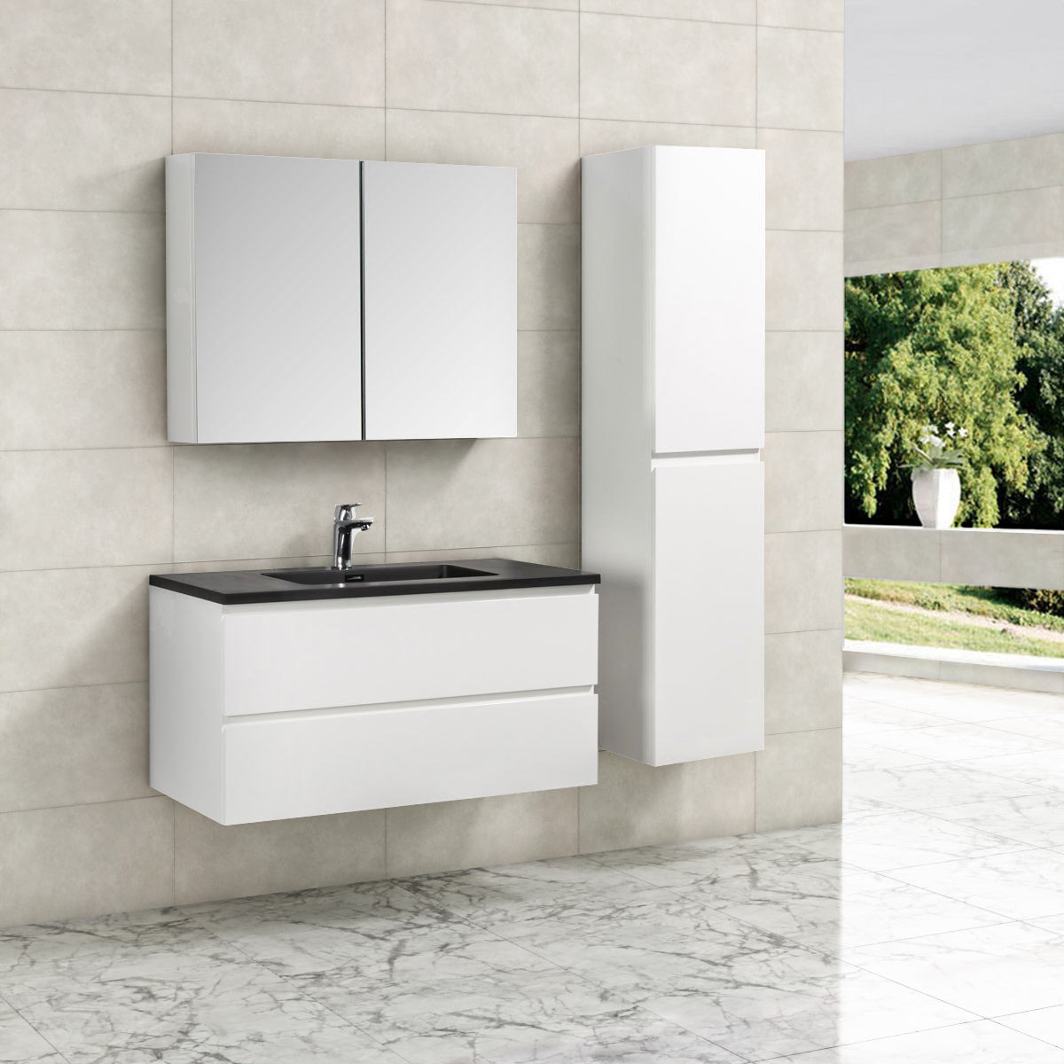 Badkamermeubel Tieme in hoogglans wit 100x50x48cm met zwarte wastafel