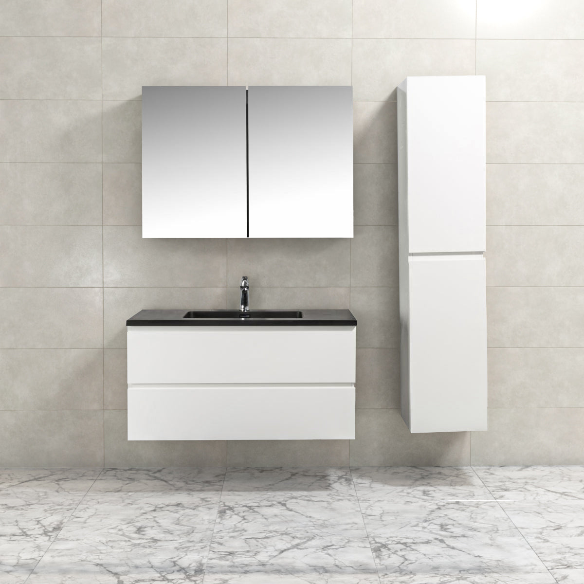 Badkamermeubel Tieme in hoogglans wit 100x50x48cm met zwarte wastafel