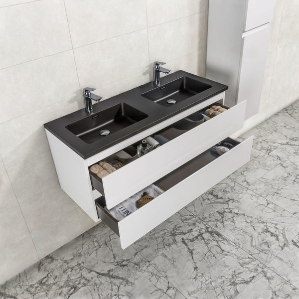 Badkamermeubel Tieme in hoogglans wit 120x50x48cm met zwarte wastafel