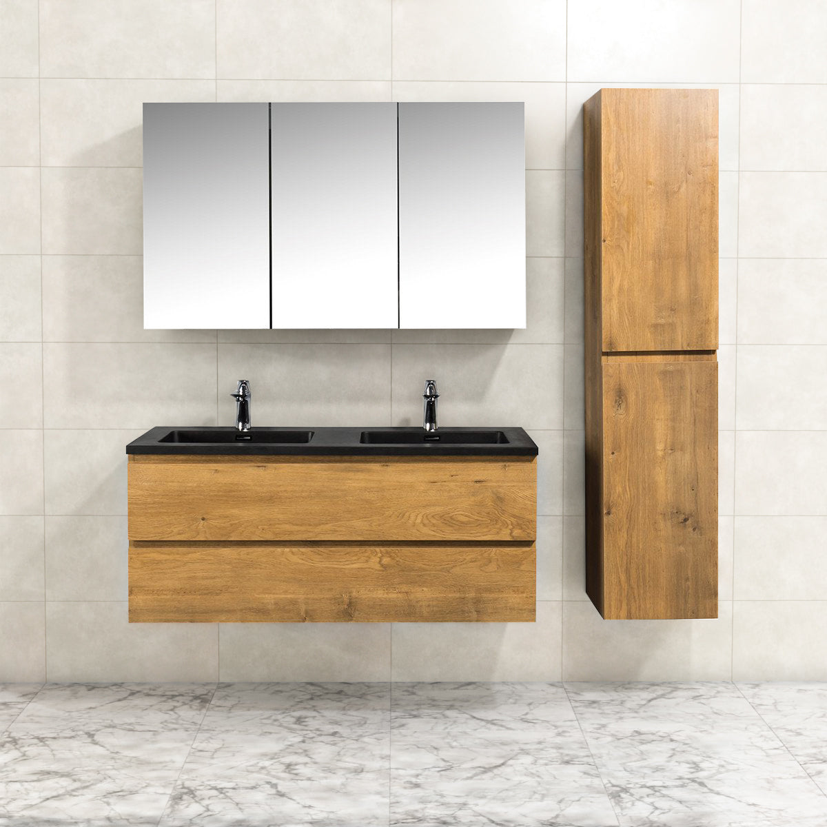 Badkamermeubel Tieme in mat eiken 120x50x48cm met zwarte wastafel