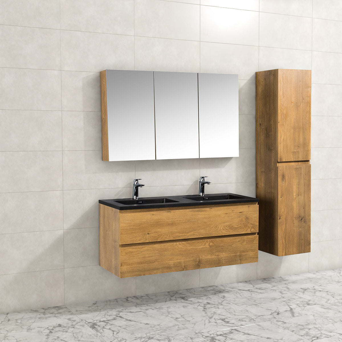 Badkamermeubel Tieme in mat eiken 120x50x48cm met zwarte wastafel