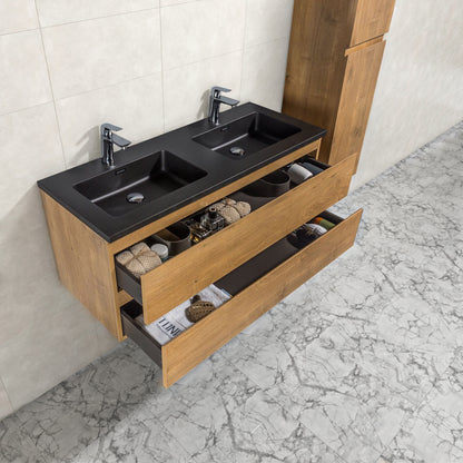 Badkamermeubel Tieme in mat eiken 120x50x48cm met zwarte wastafel