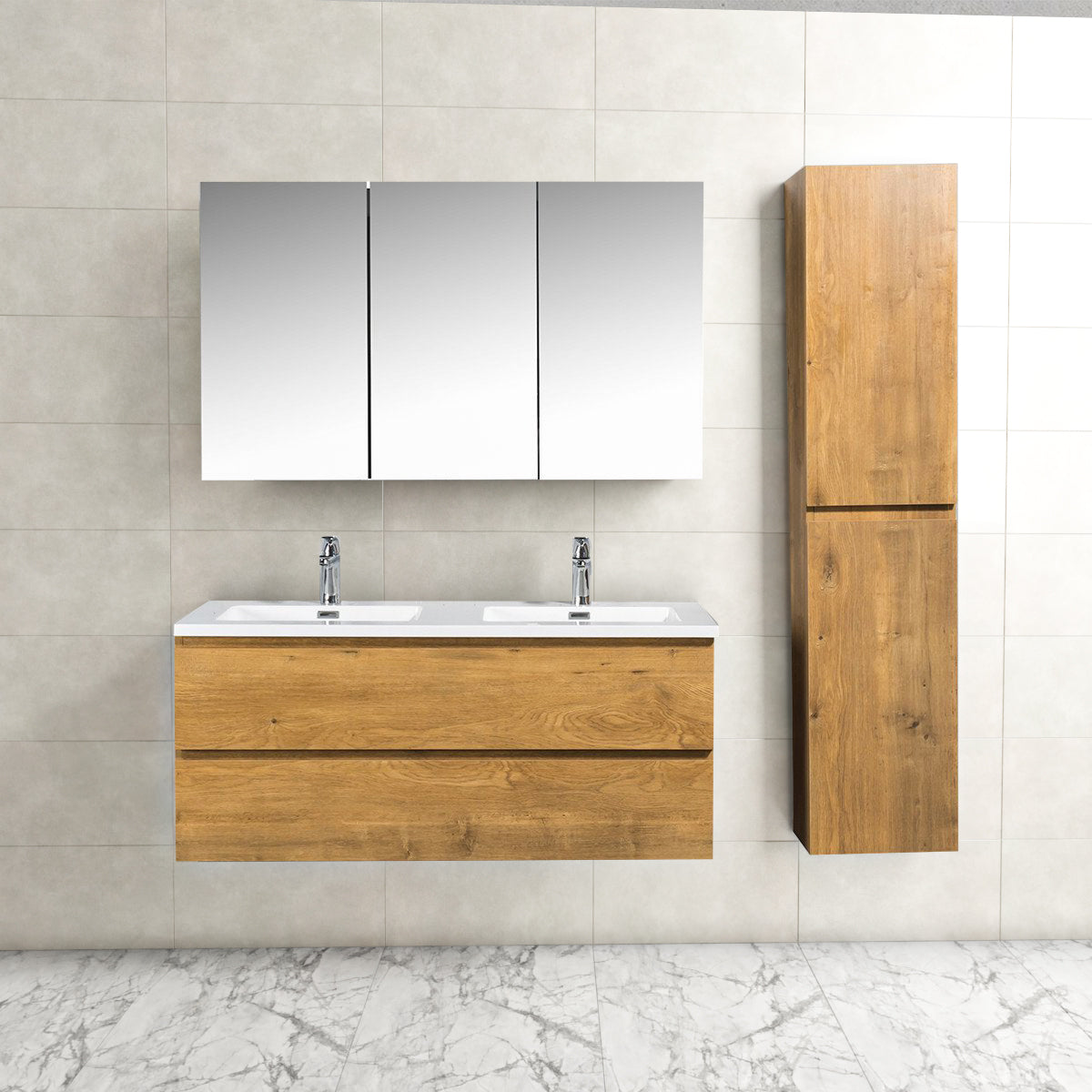 Badkamermeubel Tieme in mat eiken 120x50x48cm met witte wastafel