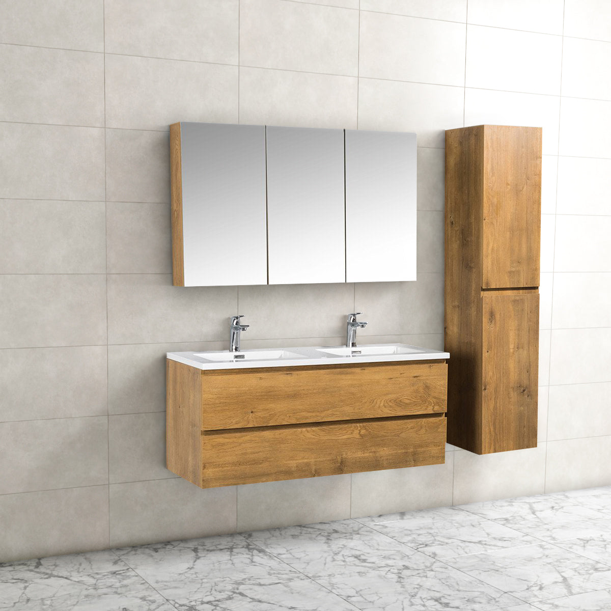 Badkamermeubel Tieme in mat eiken 120x50x48cm met witte wastafel