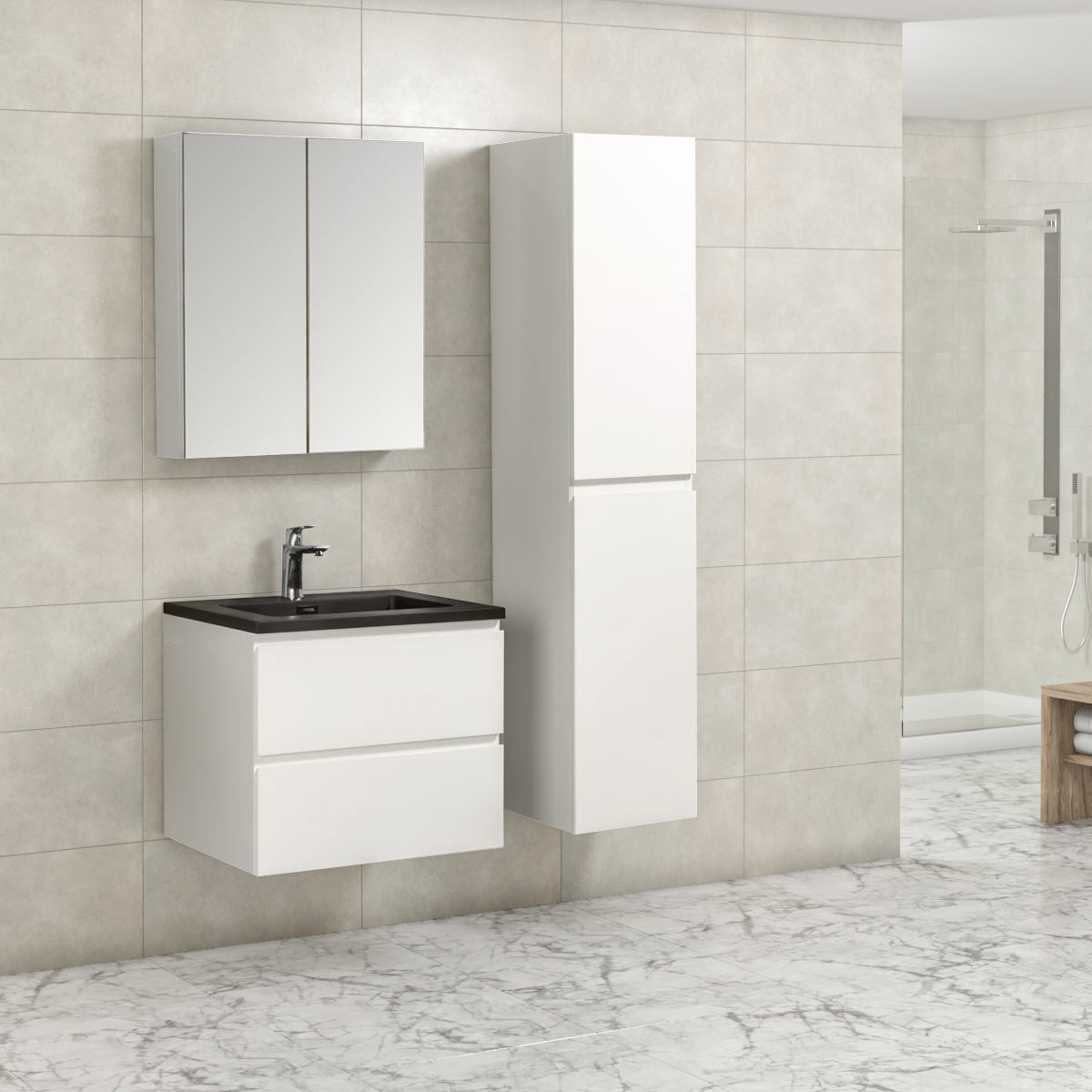 Badkamermeubel Tieme in hoogglans wit 60x50x48cm met zwarte wastafel