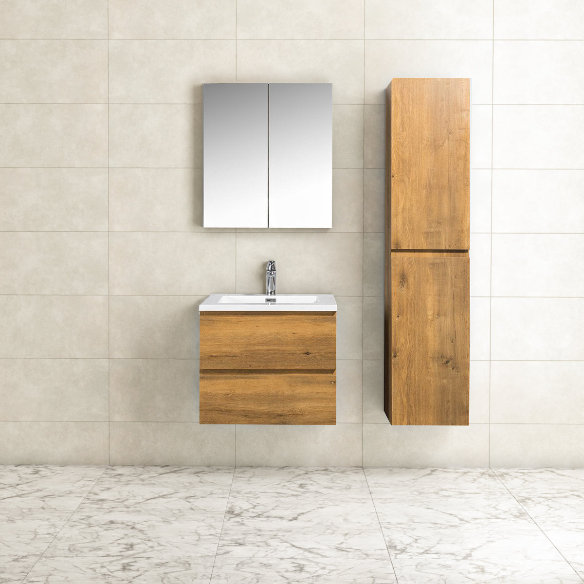 Badkamermeubel Tieme in mat eiken 60x50x48cm met witte wastafel