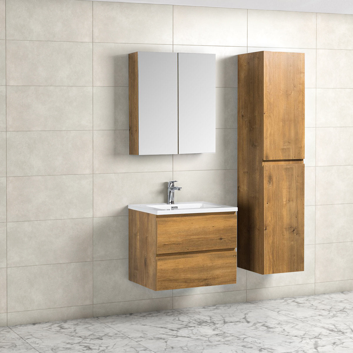 Badkamermeubel Tieme in mat eiken 60x50x48cm met witte wastafel