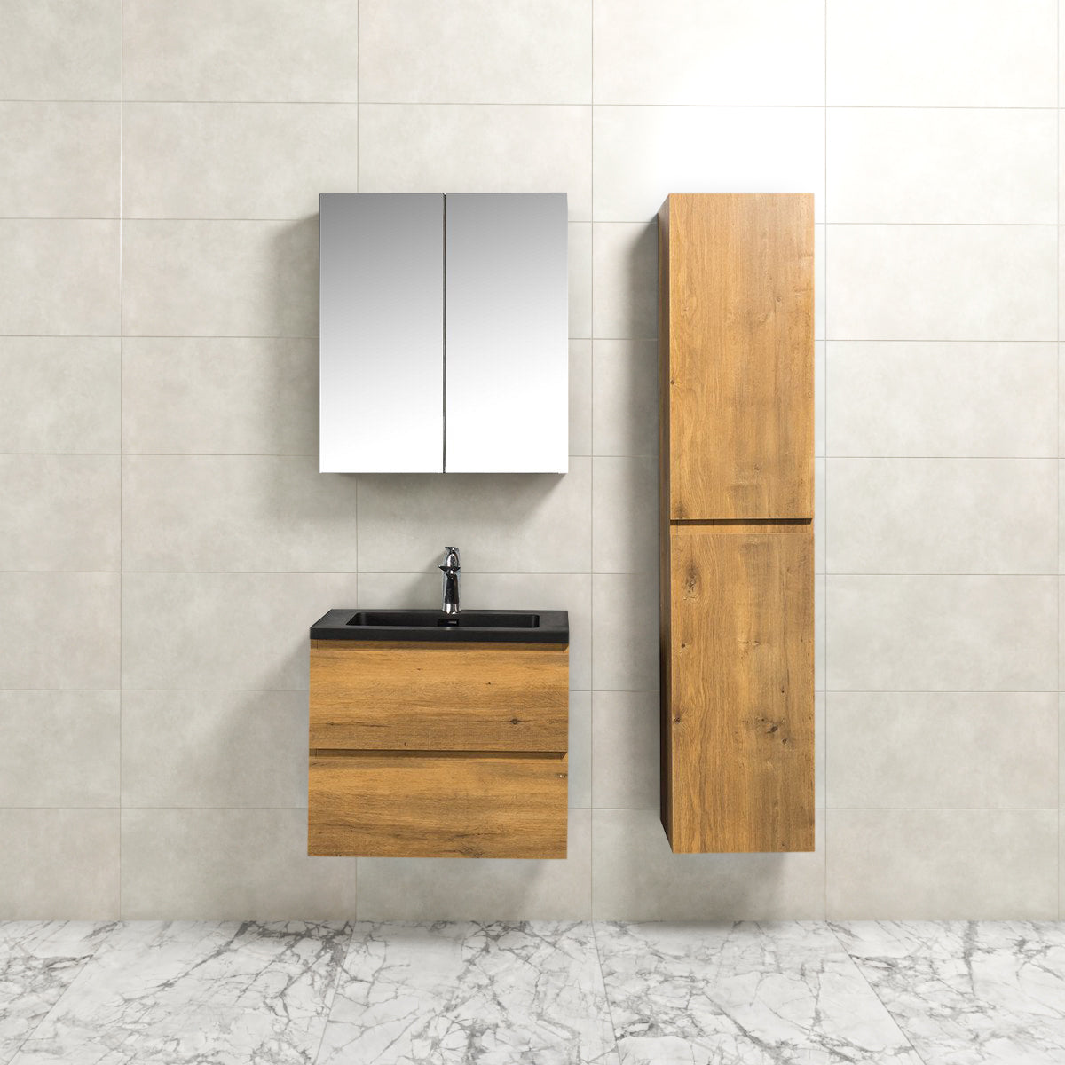 Badkamermeubel Tieme in mat eiken 60x50x48cm met zwarte wastafel