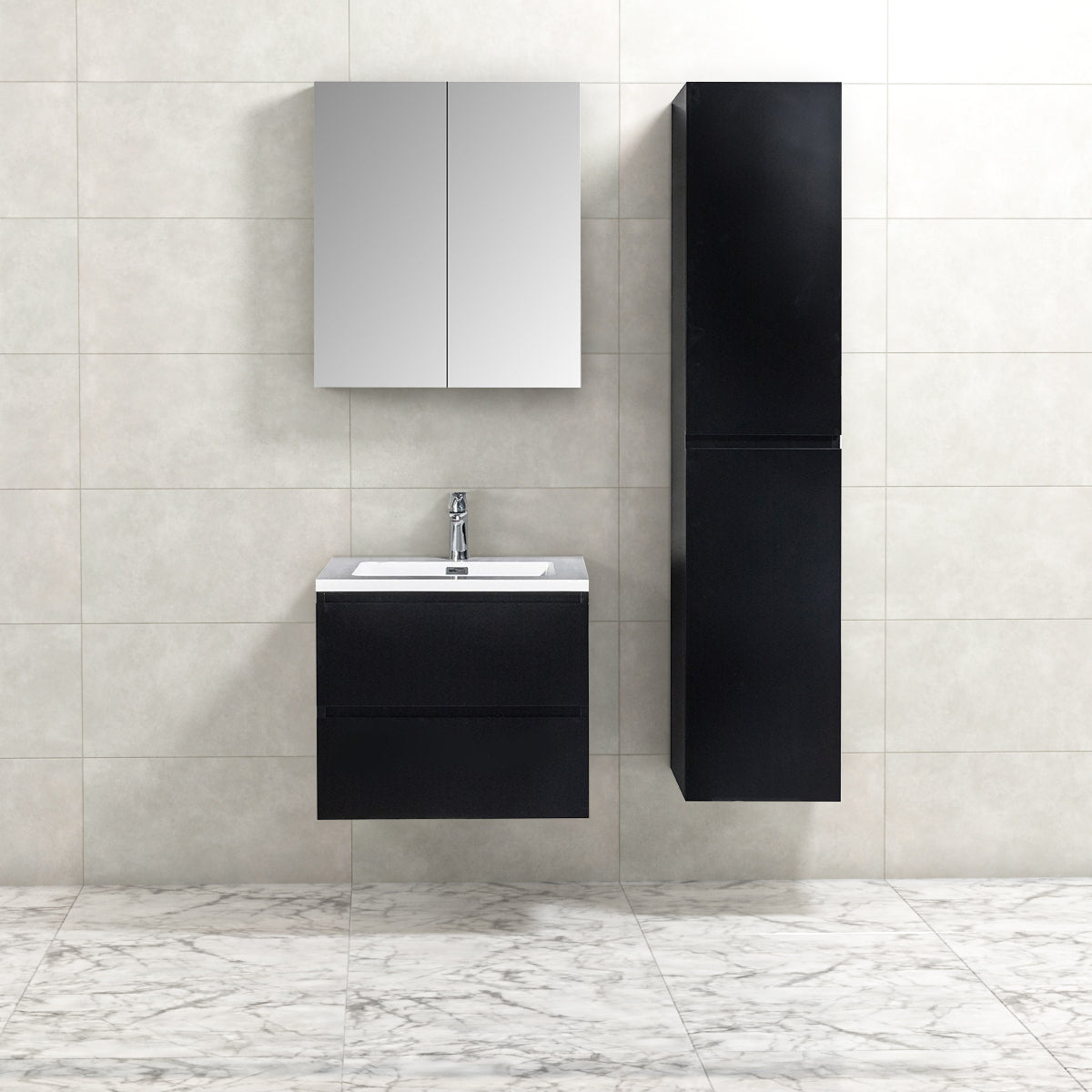 Badkamermeubel Tieme in mat zwart 60x50x48cm met witte wastafel