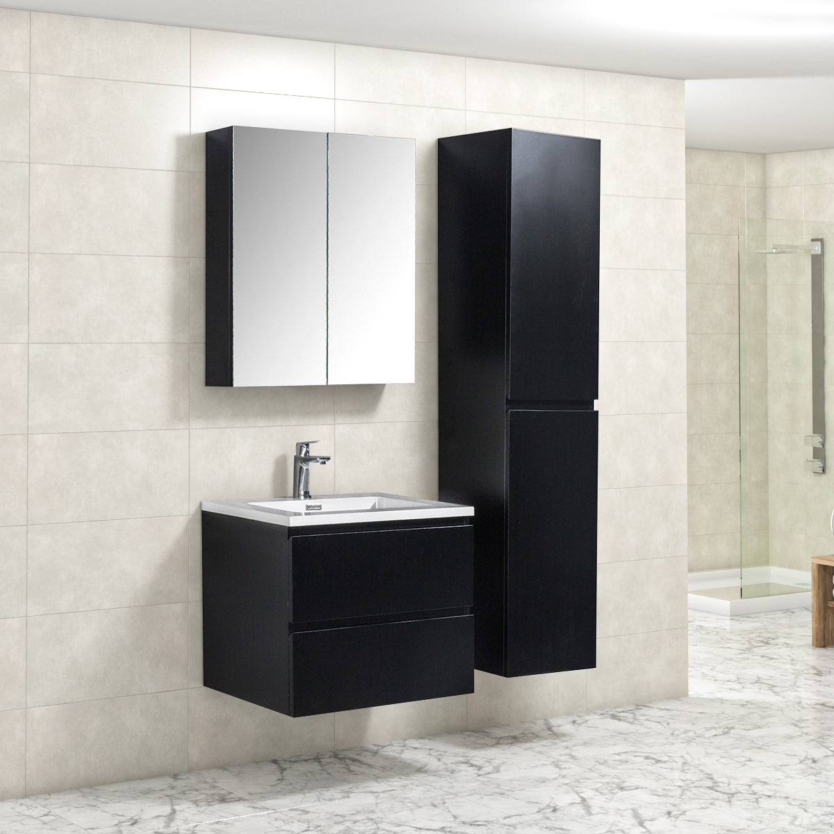 Badkamermeubel Tieme in mat zwart 60x50x48cm met witte wastafel