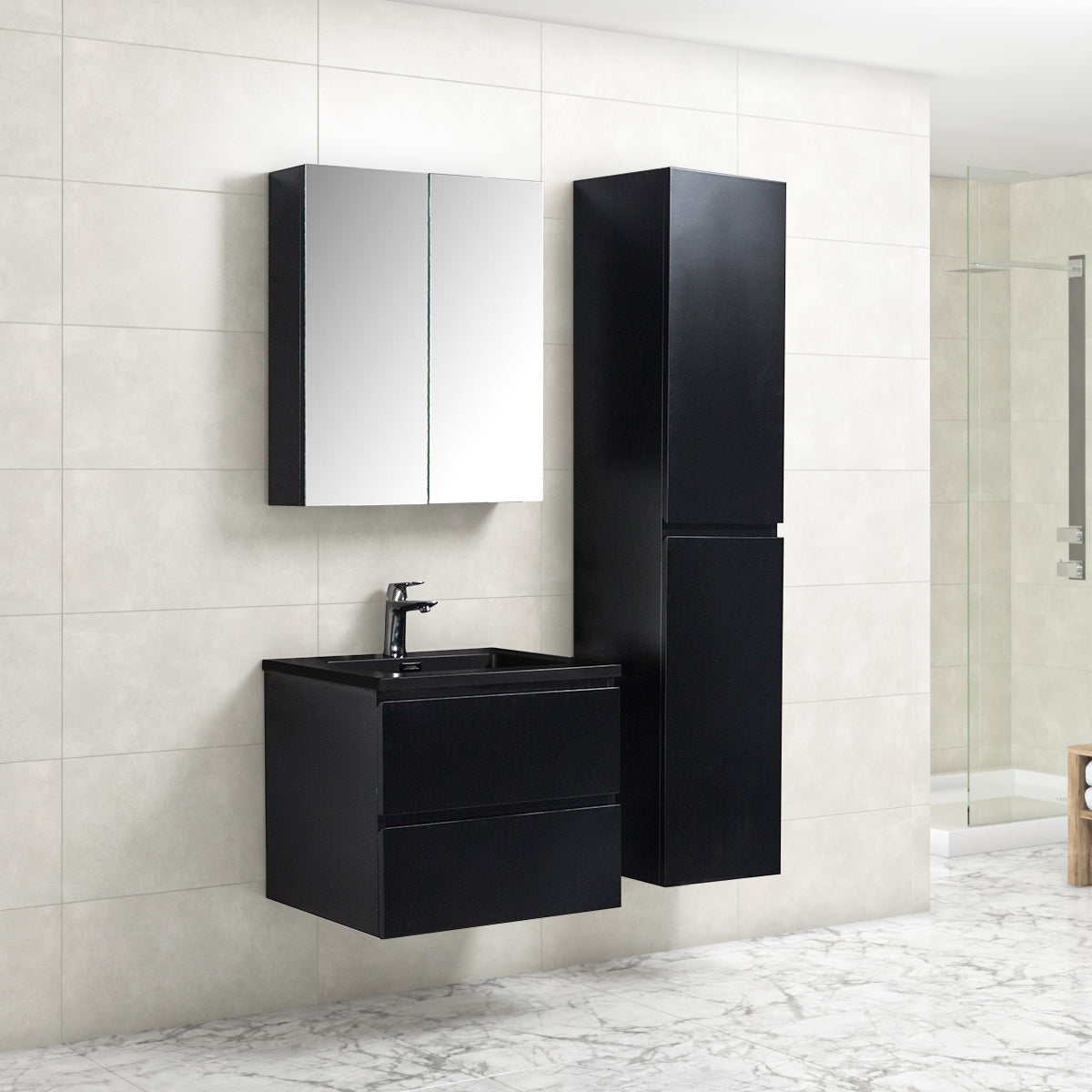 Badkamermeubel Tieme in mat zwart 60x50x48cm met zwarte wastafel