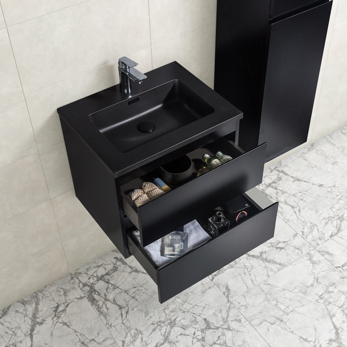 Badkamermeubel Tieme in mat zwart 60x50x48cm met zwarte wastafel