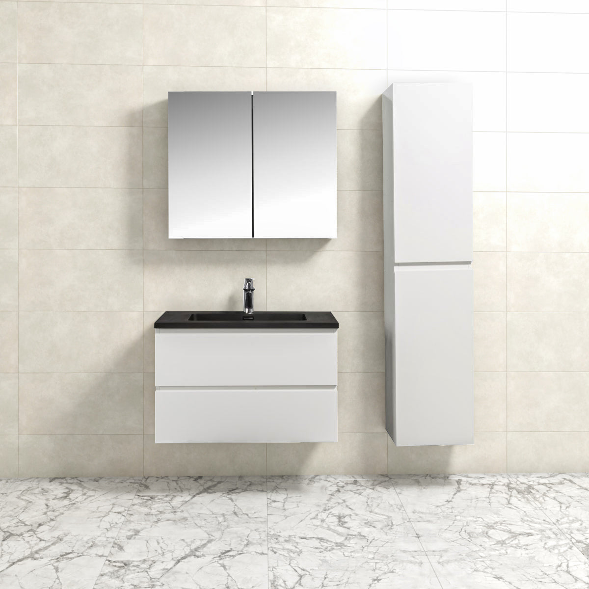 Badkamermeubel Tieme in hoogglans wit 80x50x48cm met zwarte wastafel