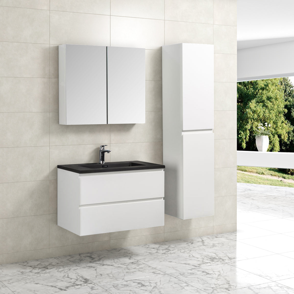 Badkamermeubel Tieme in hoogglans wit 80x50x48cm met zwarte wastafel