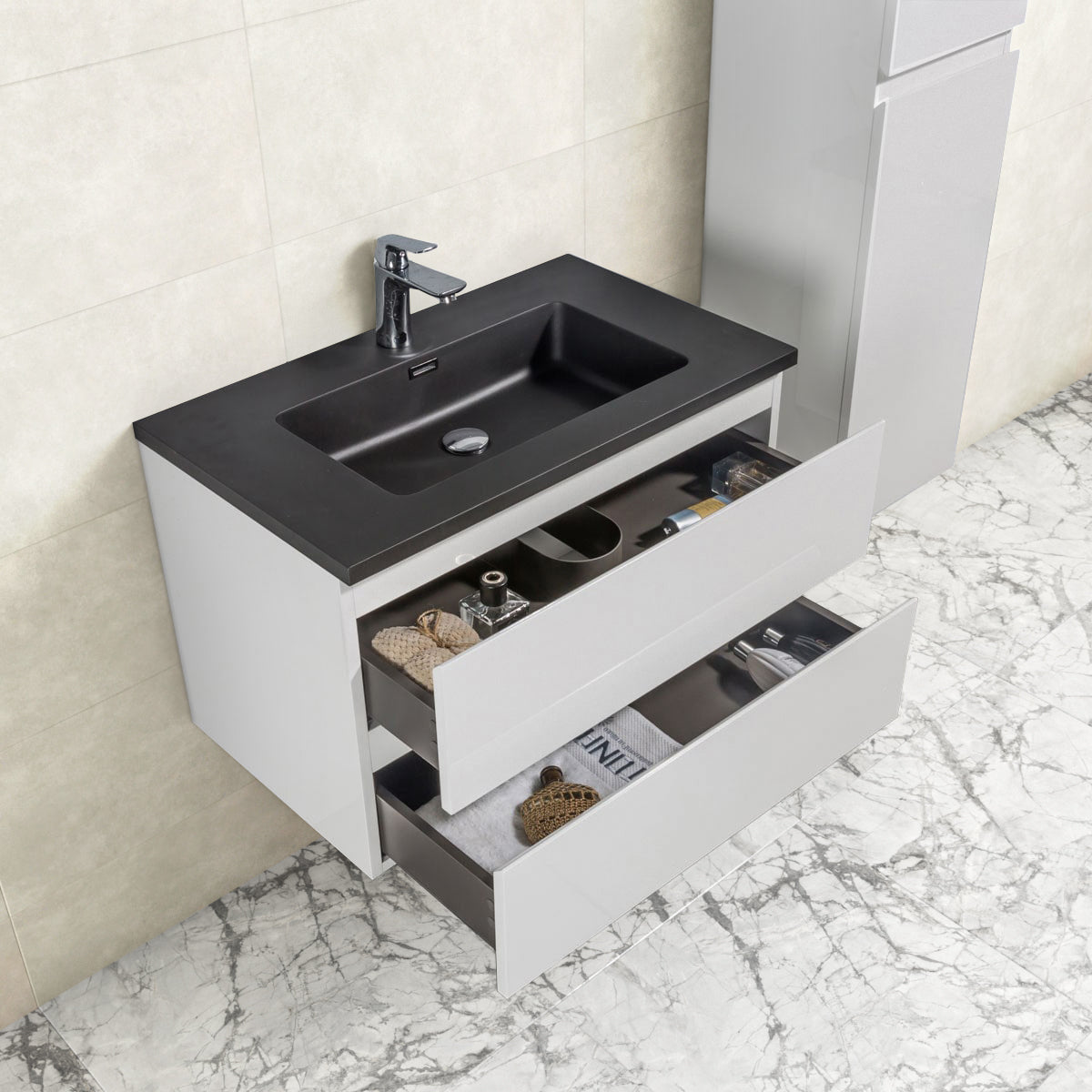 Badkamermeubel Tieme in hoogglans wit 80x50x48cm met zwarte wastafel