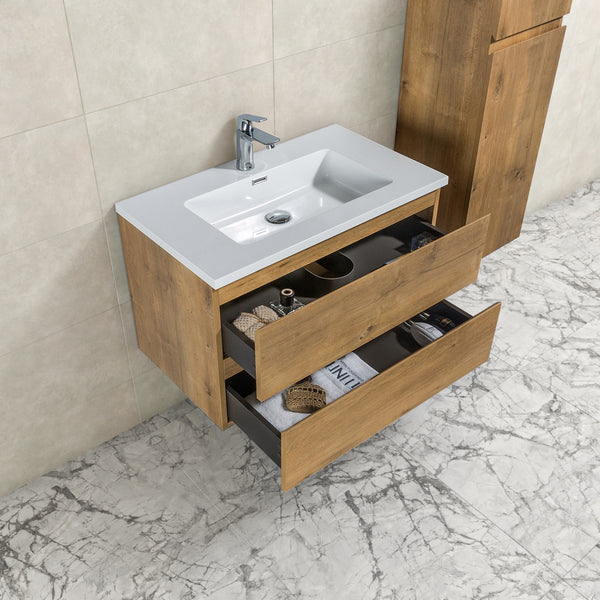Badkamermeubel Tieme in mat eiken 80x50x48cm met witte wastafel