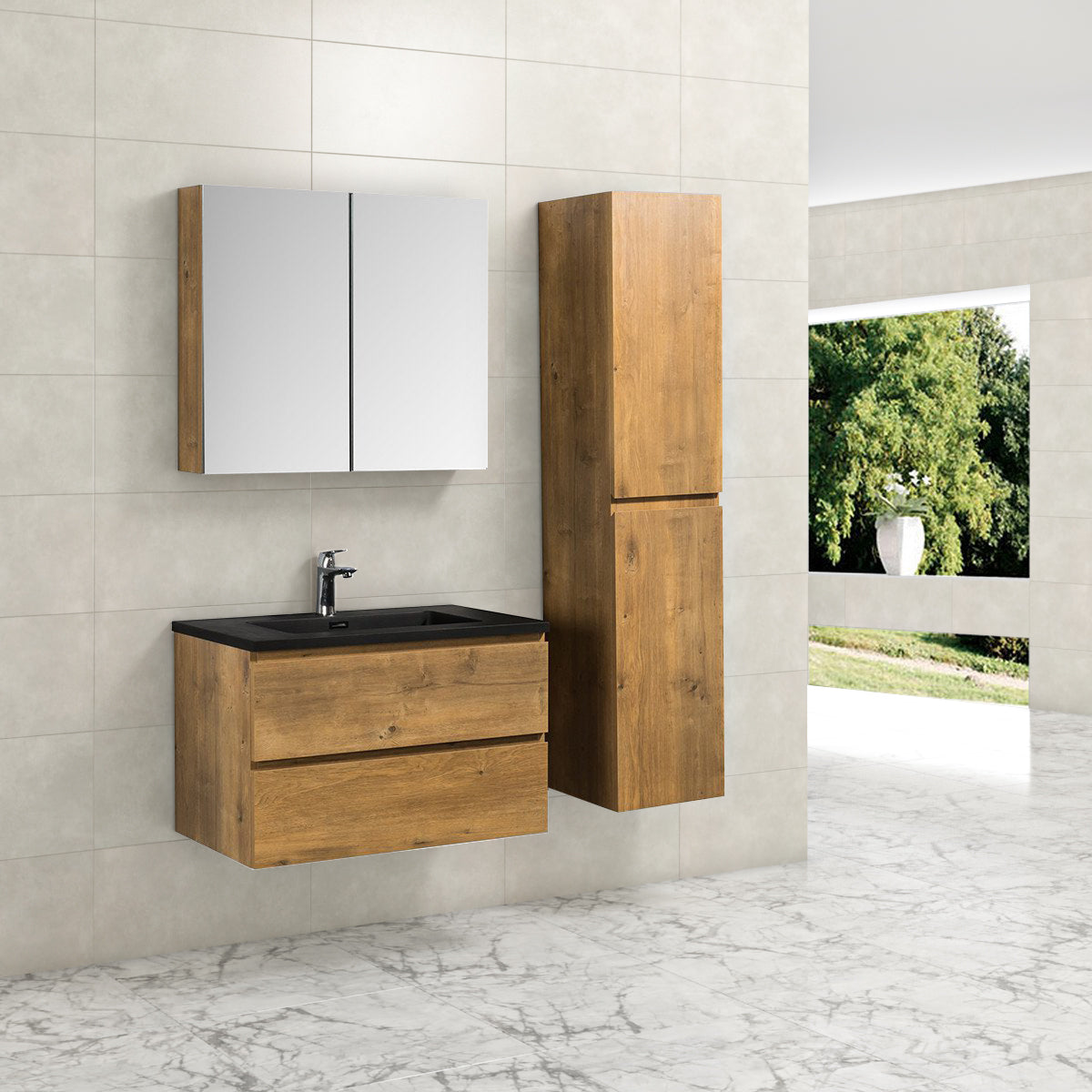 Badkamermeubel Tieme in mat eiken 80x50x48cm met zwarte wastafel
