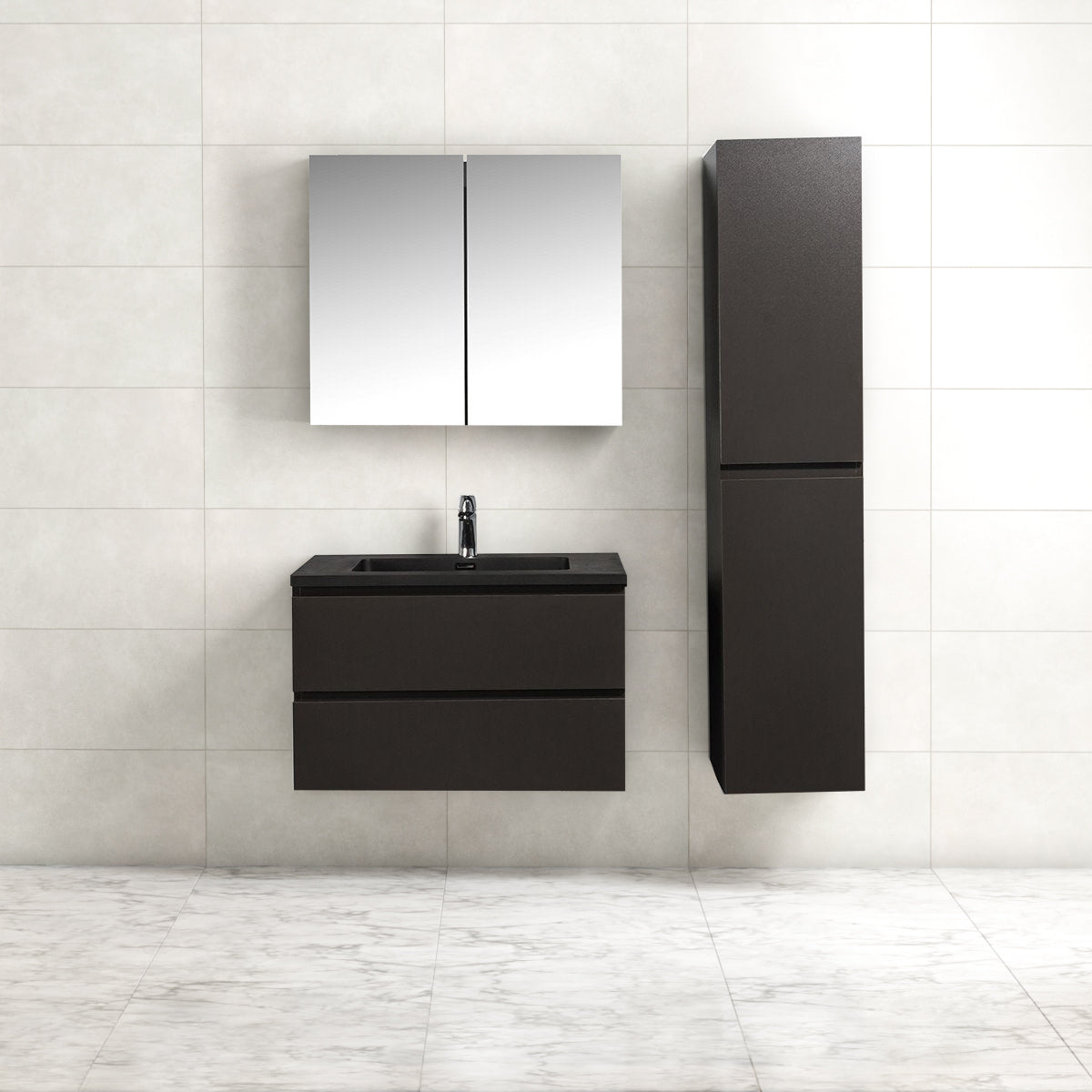 Badkamermeubel Tieme in mat grijs 80x50x48cm met zwarte wastafel