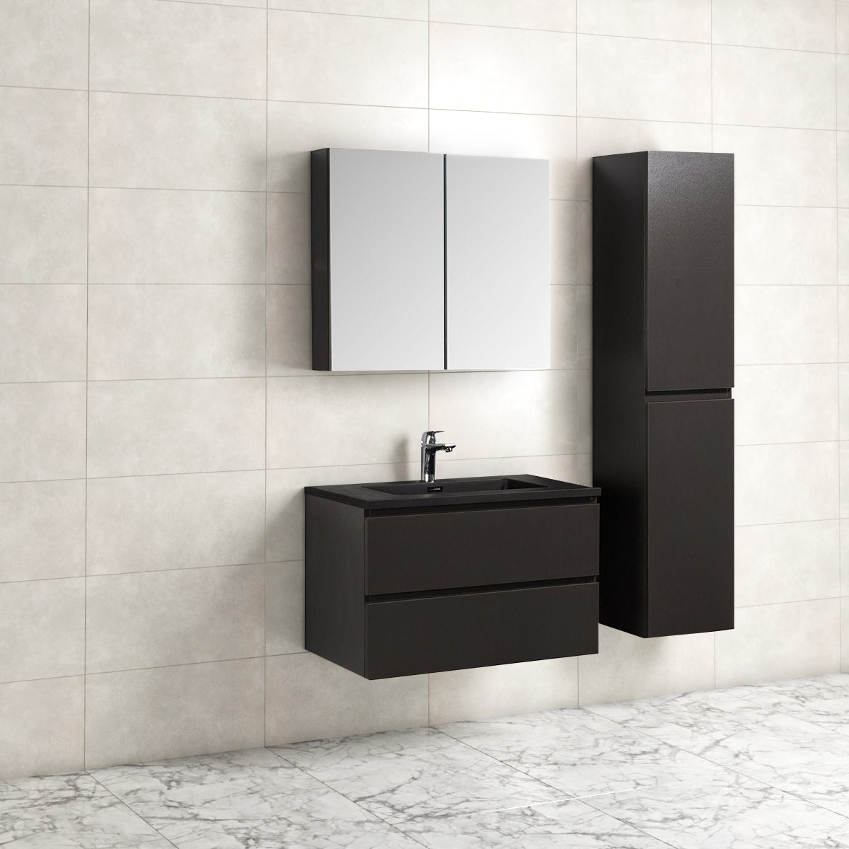 Badkamermeubel Tieme in mat grijs 80x50x48cm met zwarte wastafel