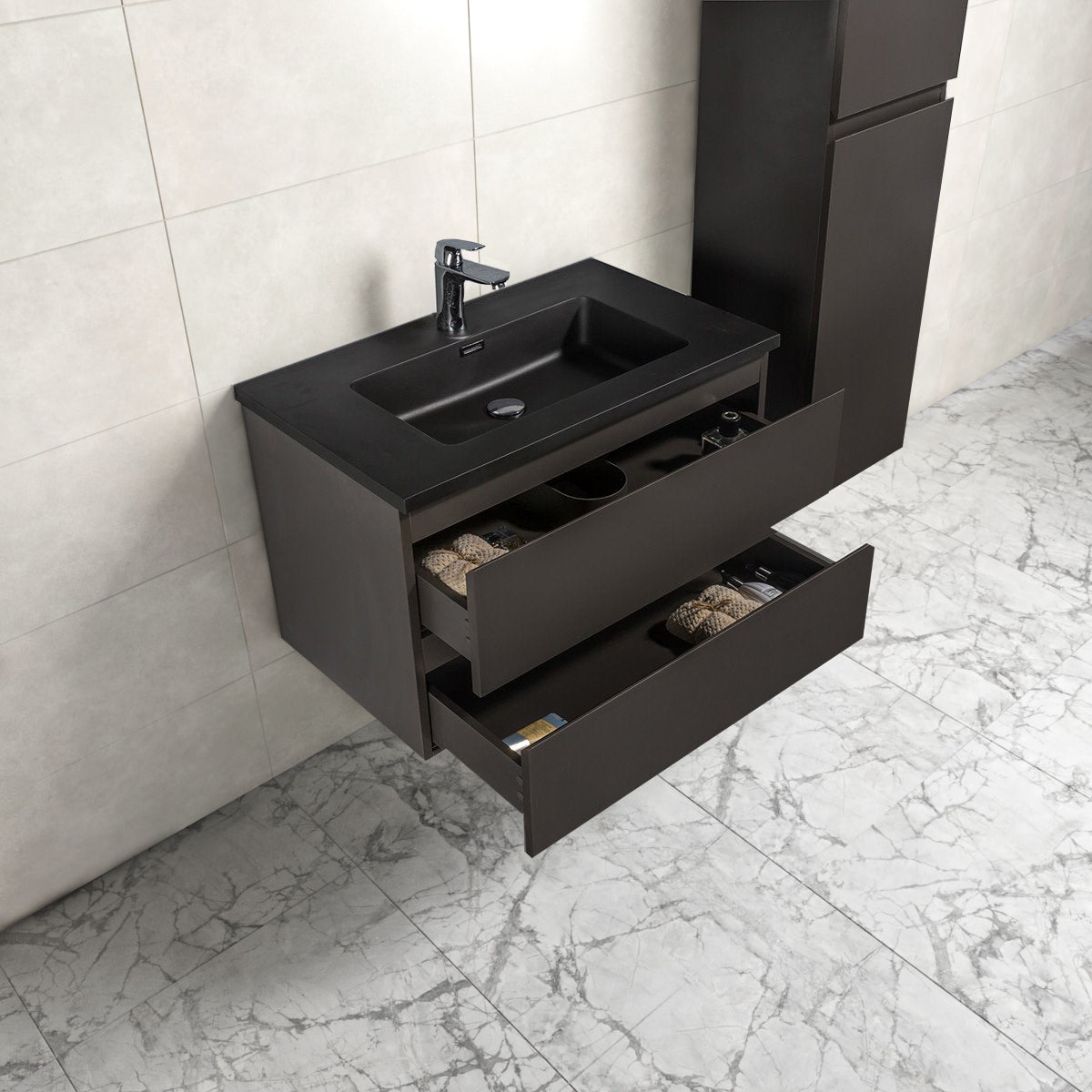 Badkamermeubel Tieme in mat grijs 80x50x48cm met zwarte wastafel