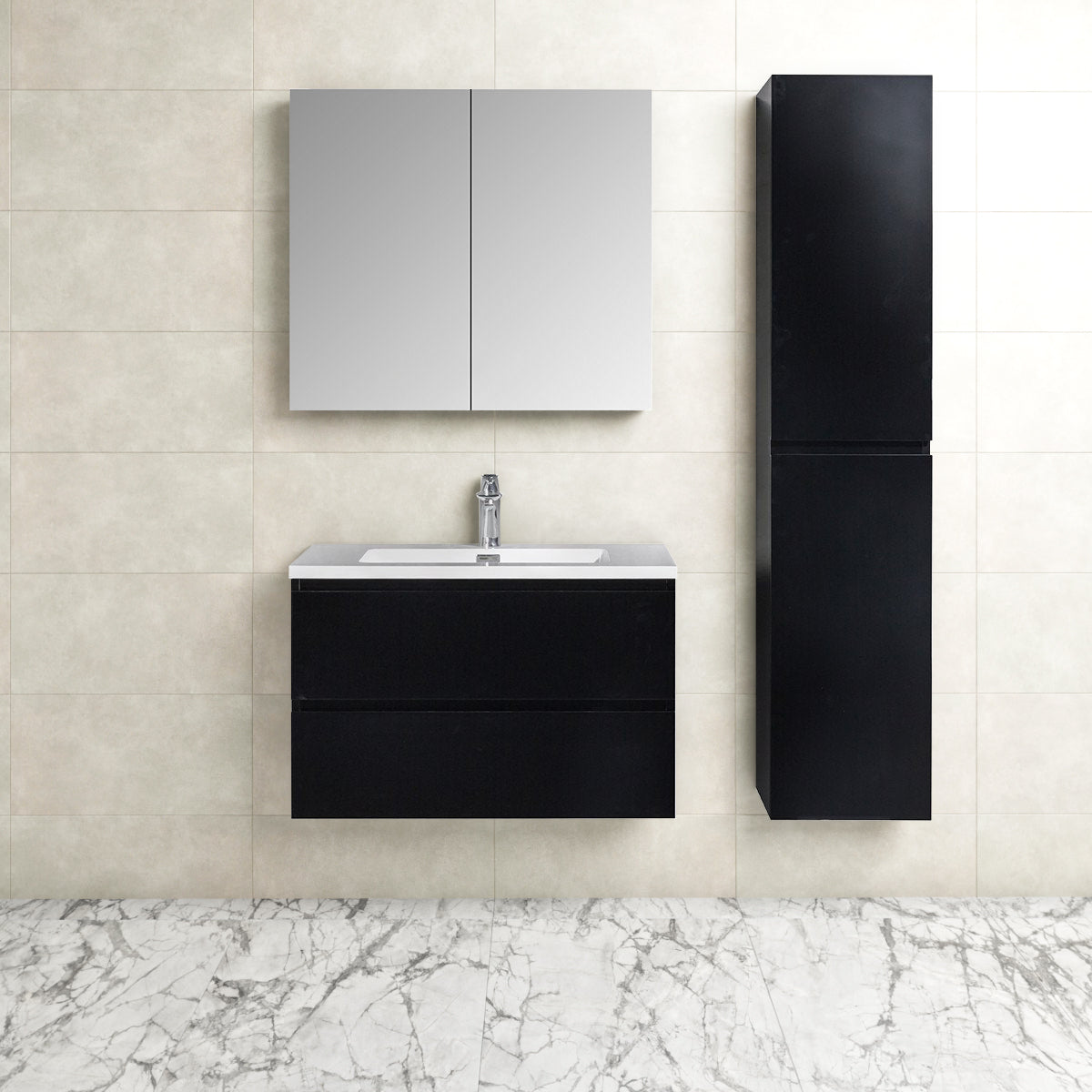 Badkamermeubel Tieme in mat zwart 80x50x48cm met witte wastafel