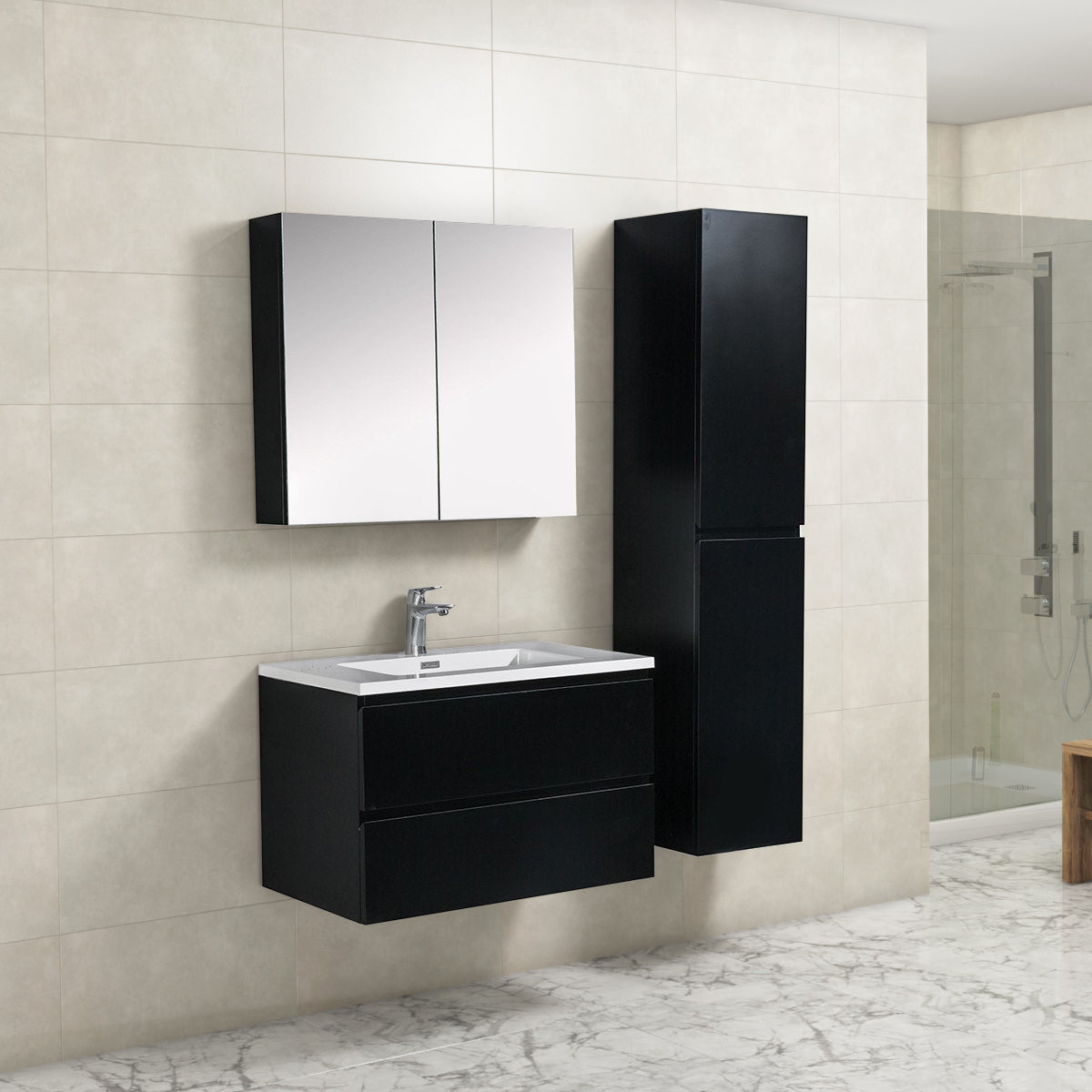 Badkamermeubel Tieme in mat zwart 80x50x48cm met witte wastafel