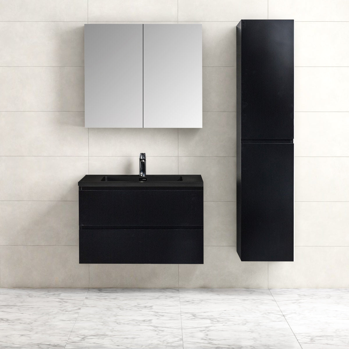 Badkamermeubel Tieme in mat zwart 80x50x48cm met zwarte wastafel