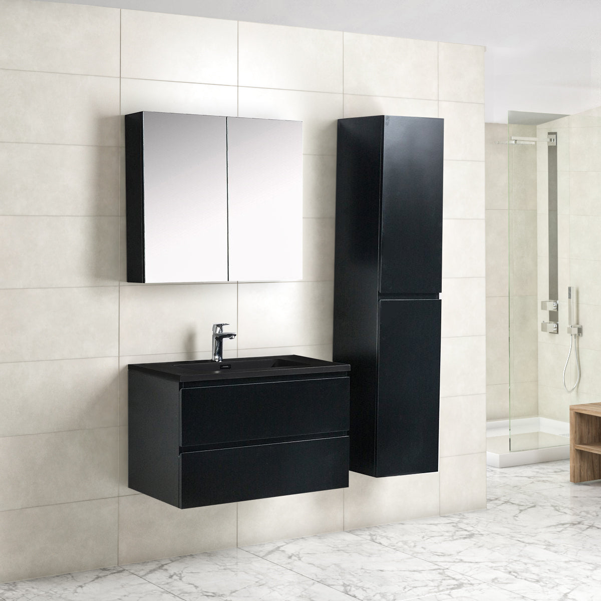 Badkamermeubel Tieme in mat zwart 80x50x48cm met zwarte wastafel