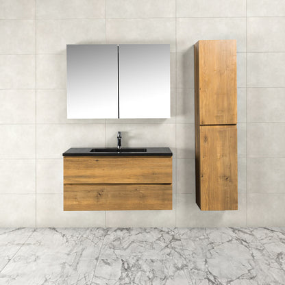 Badkamermeubel Tieme in mat eiken 100x50x48cm met zwarte wastafel