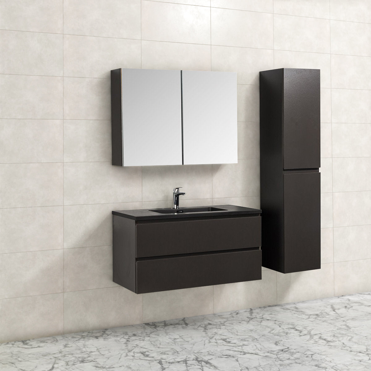 Badkamermeubel Tieme in mat grijs 100x50x48cm met zwarte wastafel