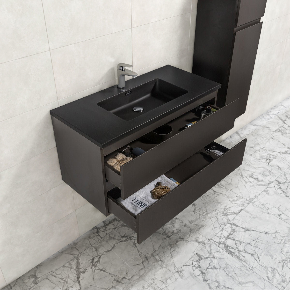 Badkamermeubel Tieme in mat grijs 100x50x48cm met zwarte wastafel