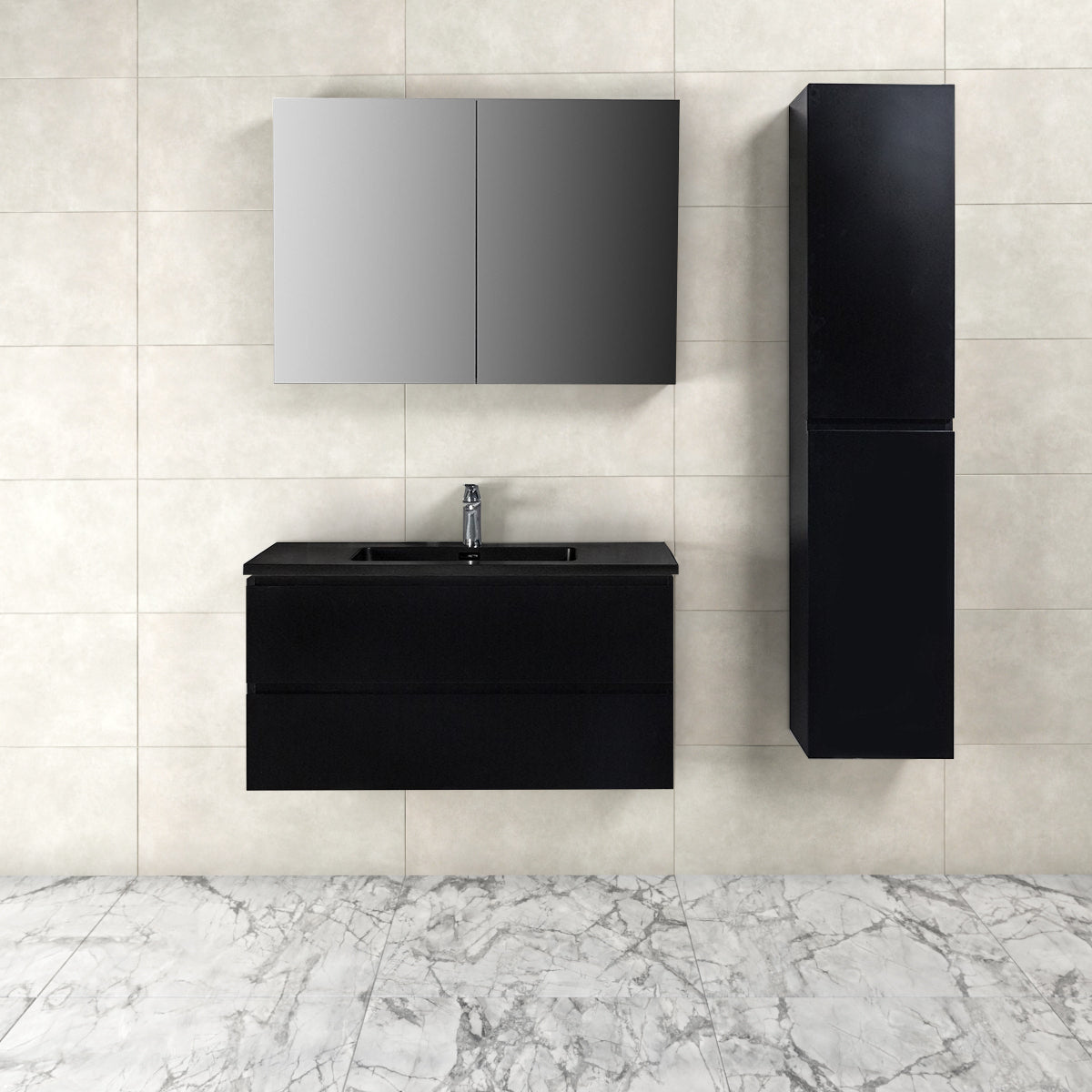 Badkamermeubel Tieme in mat zwart 100x50x48cm met zwarte wastafel