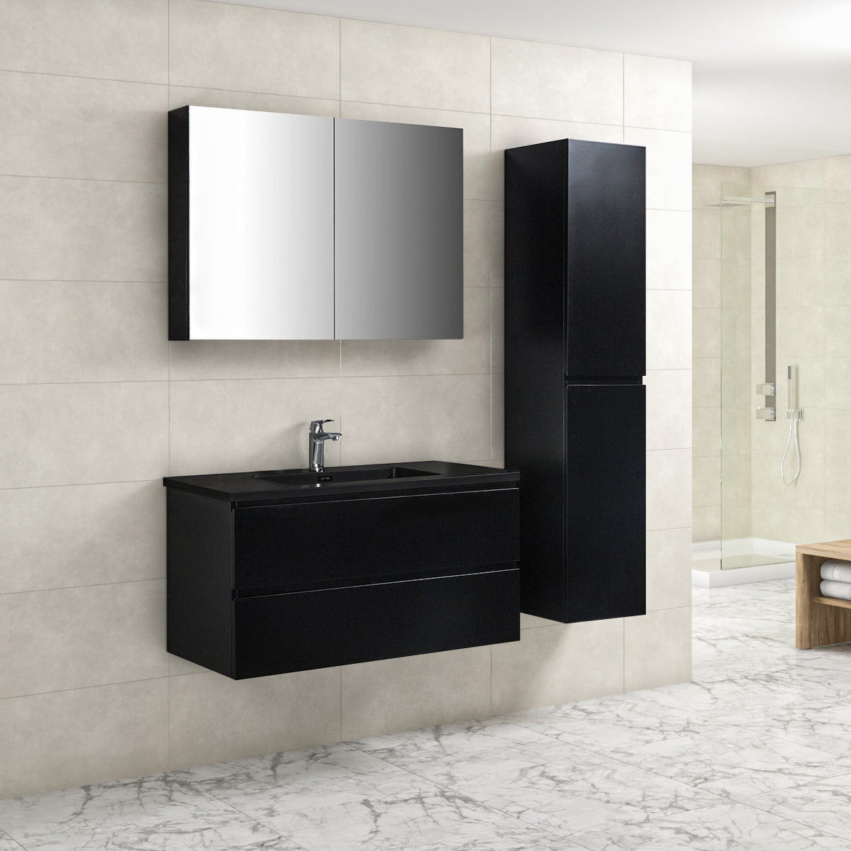 Badkamermeubel Tieme in mat zwart 100x50x48cm met zwarte wastafel